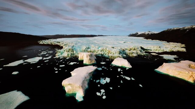 sunset melting icefield with warm light casting pastel hues across fractured floes, high contrast between chill water and glowing sky, melancholic mood