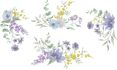 Delicate watercolor floral collection with pastel blue and purple flowers, yellow berries, and soft green foliage. Hand drawn illustration. Vector EPS.