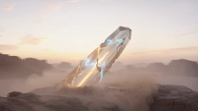Ultra‑realistic crystal obelisk rising from a desert plateau, glowing internal fractures emitting soft blue and gold light, surrounded by atmospheric haze and monumental scale presence.