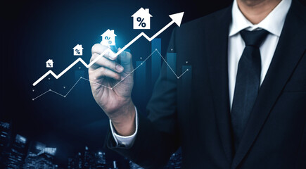 A professional businessman analyzes real estate growth using graphical indicators and percentage metrics, representing success and investment trends in an urban environment. Gantry