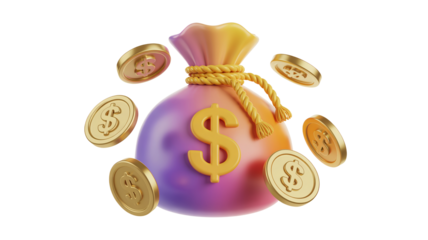 gold coin with percent Ultra-cute 3D cartoon illustration of a plump money bag tied with a golden rope, surrounded by shiny floating dollar coins, smooth rounded shapes, vibrant pastel colors, glo