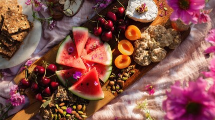 Large fruit-focused vegan charcuterie board, picnic blanket, watermelon slices, cherries, apricots, vegan brie, seeded crackers, pistachios, flowers, outdoor deli snack, lifestyle, commercial use.