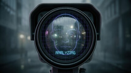 Futuristic AI camera with facial recognition technology displays a digital face analysis interface, showcasing advanced surveillance capabilities in an urban environment with a moody atmosphere