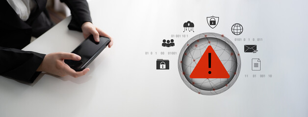 Red warning triangle representing a cybersecurity threat or data breach alert, surrounded by digital security and network protection icons, symbolizing cyber risk awareness Parse