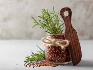 A glass jar of red quinoa and fresh rosemary with a wooden spoon on a kitchen counter