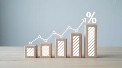 Increasing business growth chart with wooden blocks and percentage sign