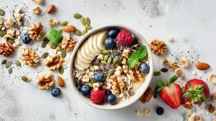 Fresh chopped walnuts, almonds, chia seeds, sunflower seeds, superfood smoothie bowl, antioxidant-rich fruits, colorful textures, trendy healthy snack, Instagramable food, commercial use, top view