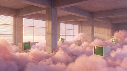 Surreal pink clouds filling an empty concrete office room with vintage computer monitors floating. Dreamcore aesthetic and liminal space concept.