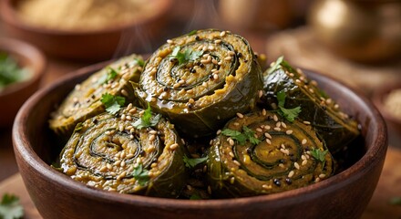Patra or Alu Vadi - Traditional Indian Steamed Colocasia Leaf Rolls Snack
