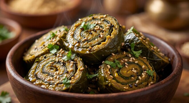Patra or Alu Vadi - Traditional Indian Steamed Colocasia Leaf Rolls Snack
