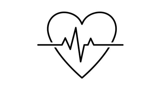 Simple black line art icon depicting a heart shape integrated with a continuous electrocardiogram or heartbeat pulse line graphic.