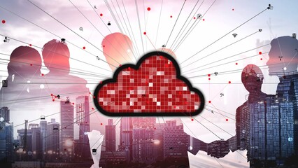 This image depicts abstract concepts of technology and connection, showcasing silhouetted figures in a city with cloud storage symbols, emphasizing digital collaboration. Xenic