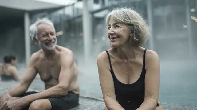 Senior couple enjoying spa date. Relaxing in thermal waters, enjoying retirement. Beautiful moment of connection, peaceful and serene. Healthy lifestyle, wellness retreat. Aged love.