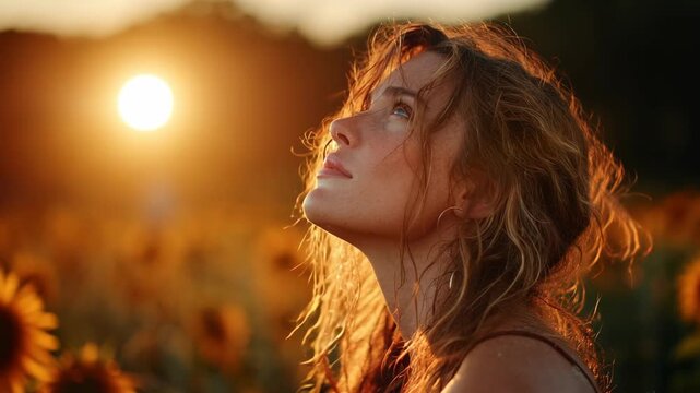 Hopeful woman in a sunlit sunflower field ideal for inspirational quotes and emotional music video backgrounds.