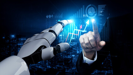 A dynamic scene showcasing the interaction between human and robotic elements, featuring data visualization and technology integration that symbolizes progress and innovation in business. Scalp
