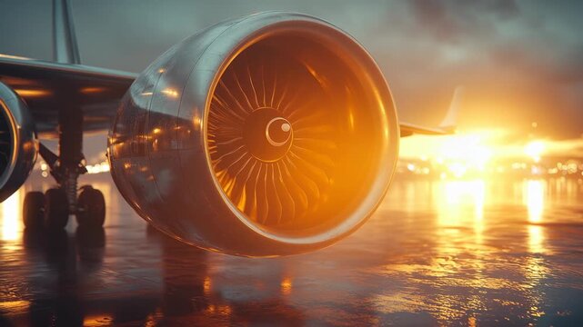 Airplane jet engine on a wet airport runway at sunset ideal for business travel and technology storytelling.