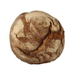 Top view of a fresh crusty round loaf of brown artisan bread on a white background. The homemade sourdough bread has a cracked golden-brown crust sprinkled with white flour. Isolated organic food.