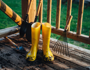 Muddy yellow gardening boots on porch with tools