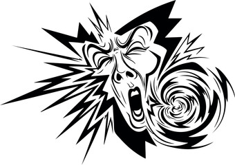 Dramatic black and white illustration of shocked human face expressing extreme surprise and revulsion emotions, high contrast line art