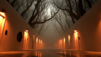 Mysterious hallway leading into a spooky forest ideal for horror intros and psychological thriller backgrounds.