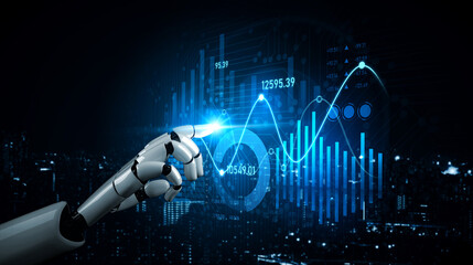 A robotic hand points at glowing data graphs against a dark urban background, symbolizing innovation in technology and data analysis for future growth. Scalp