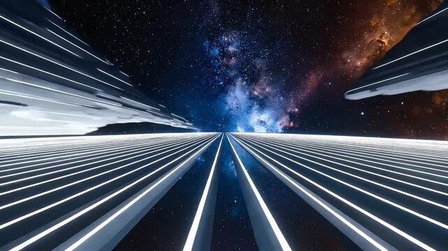 Abstract perspective view of parallel lines converging towards a cosmic background.