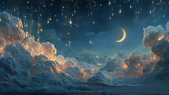 Magical night sky with falling stars and glowing clouds ideal for fantasy backgrounds and dreamy storytelling.