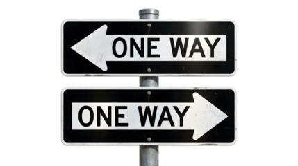 A blue one way traffic sign with an arrow shows the direction for a conceptual road choice against a clear sky, featuring a blank road sign and a no parking sign isolated on the street