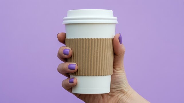 Hand holding white coffee cup with purple nails