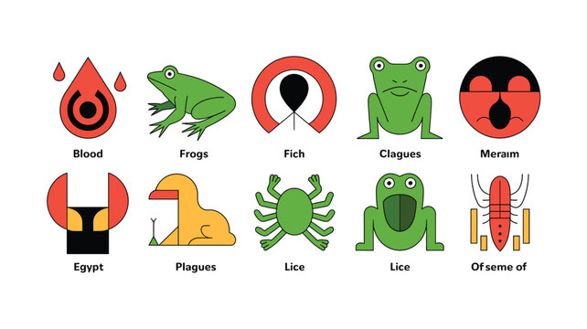 A vector graphic illustration of ten biblical plagues icons in a flat minimal design style