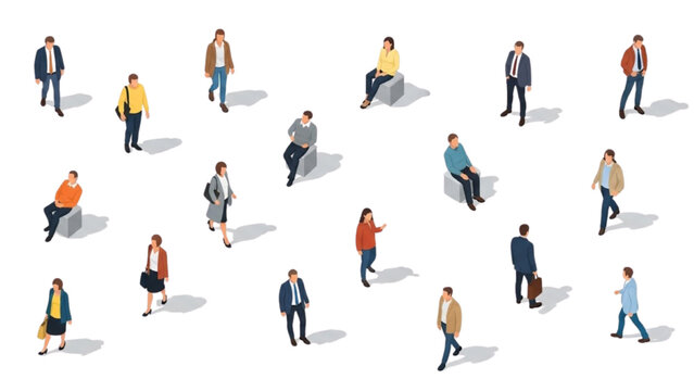 Isometric Vector People Set Featuring Walking and Sitting Figures with Shadows for Architectural Diagrams
