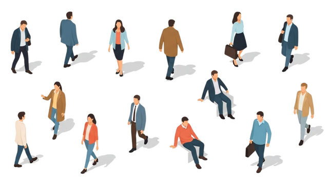 Isometric Vector People Set Featuring Walking and Sitting Figures with Shadows for Architectural Diagrams