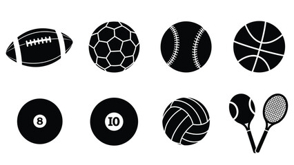A collection of various sports balls and equipment in a black and white design