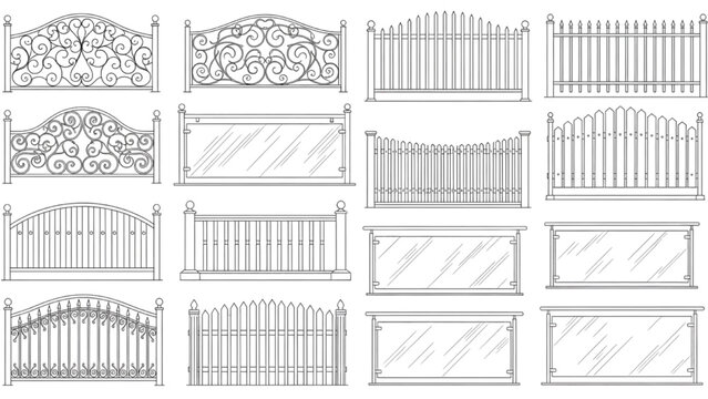 Vector Architectural Fence and Railing Elevation Set Featuring Wrought Iron and Glass Designs