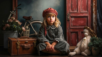 A little girl sitting on the floor next to a teddy bear