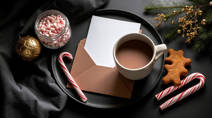 A cup of hot chocolate and candy canes on a black plate