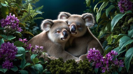 A couple of koalas sitting on top of a lush green forest