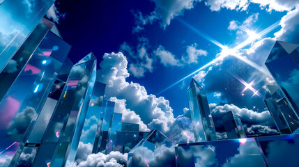 A group of glass skyscrapers in the sky with clouds and stars