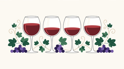 A vector graphic illustration of four wine glasses surrounded by grapes and leaves on a cream background