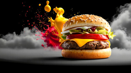 A hamburger with cheese lettuce tomato and pickles on a bun with a splash of paint