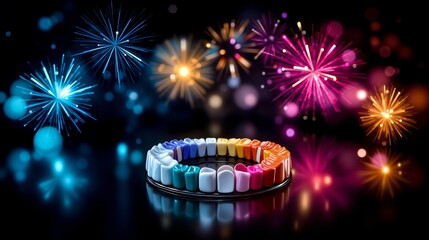 A group of colorful teeth with fireworks in the background