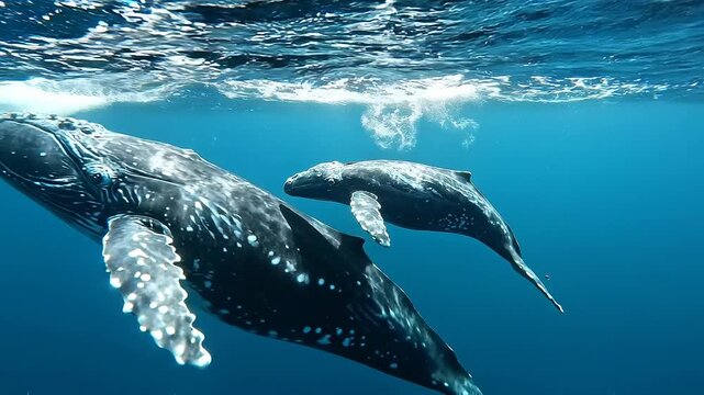 Humpback whale mother and calf swimming in deep blue ocean