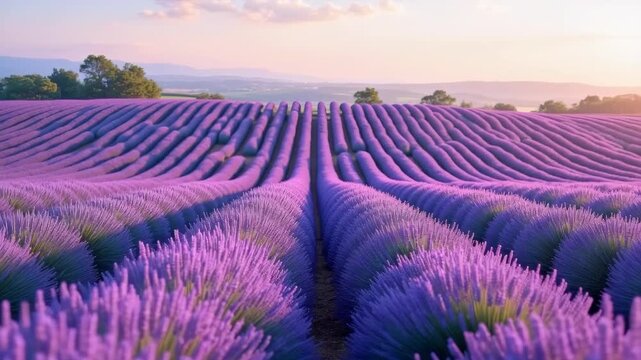 Purple lavender field rows in bloom, aromatic herb plantation, Provence countryside scene, fragrant flower agriculture, peaceful rural landscape
