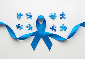 Blue Awareness Ribbon and Jigsaw Puzzle Pieces Symbolizing Support and Solidarity