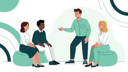 Diverse group of people in a casual meeting, discussing ideas with a leader.