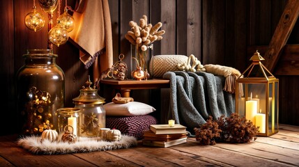 A wooden table topped with candles and candles on top of a wooden floor