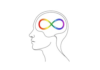 Neurodiversity Concept: Continuous Line Drawing of Head with Rainbow Infinity Symbol