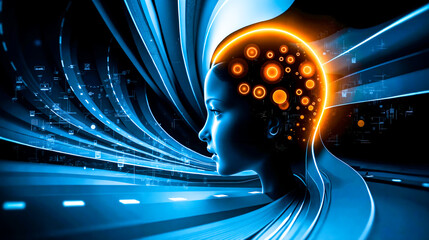 A woman's head with a glowing brain in the middle of her head