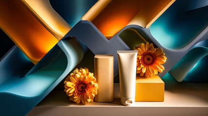 A bottle of body lotion next to a yellow flower on a table