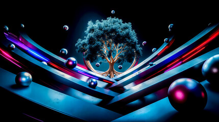 A tree in the middle of a dark room surrounded by spheres